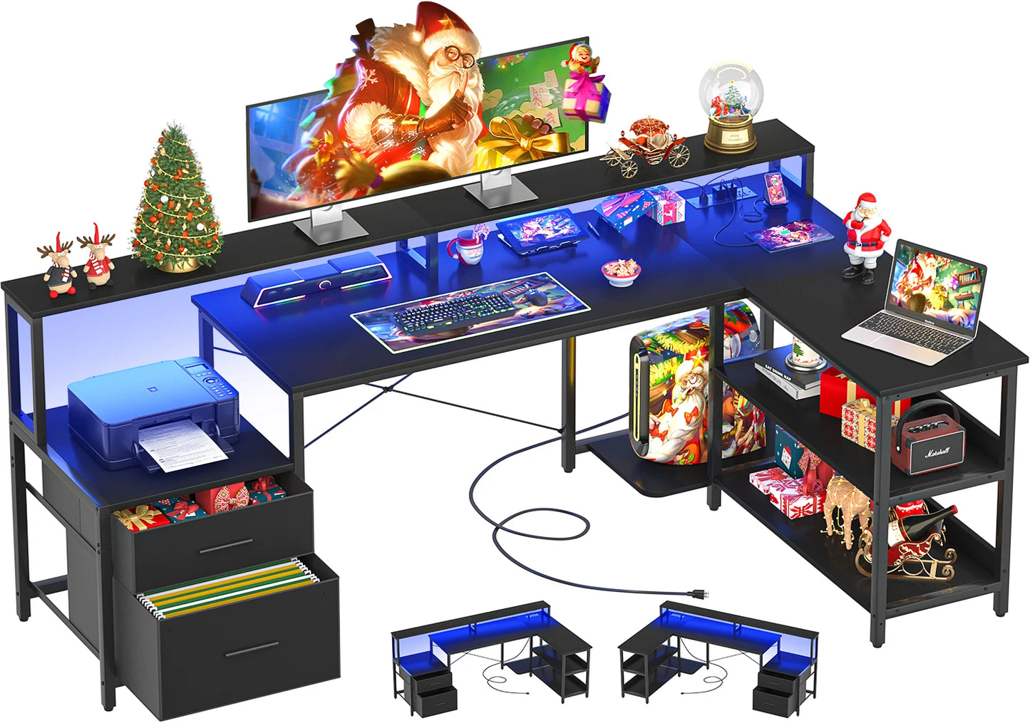 L Shaped Gaming Desk with File Drawer & Power Outlet & LED Strip
