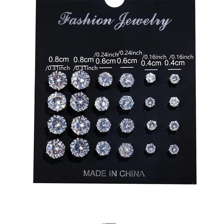 12 Pair/Lot White Shiny Stud Earrings Set