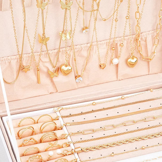 40 Pcs/Set Elegant Pearl Rings Multi-Layered Heart Zircon Necklace Bracelet 3-In-1 Jewelry Set