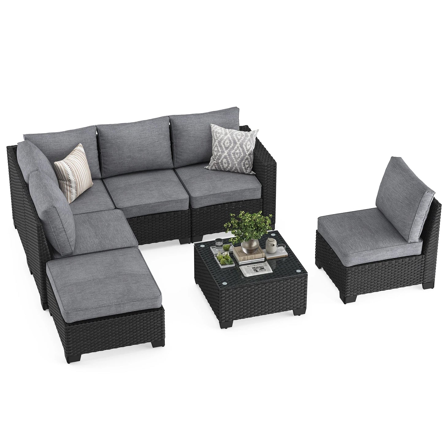 Farini Patio Sectional Sofa Set, Outdoor Furniture, Water/Oil/Stain-Resistant Fabric, Dark Gray Cushion + Gray Wick