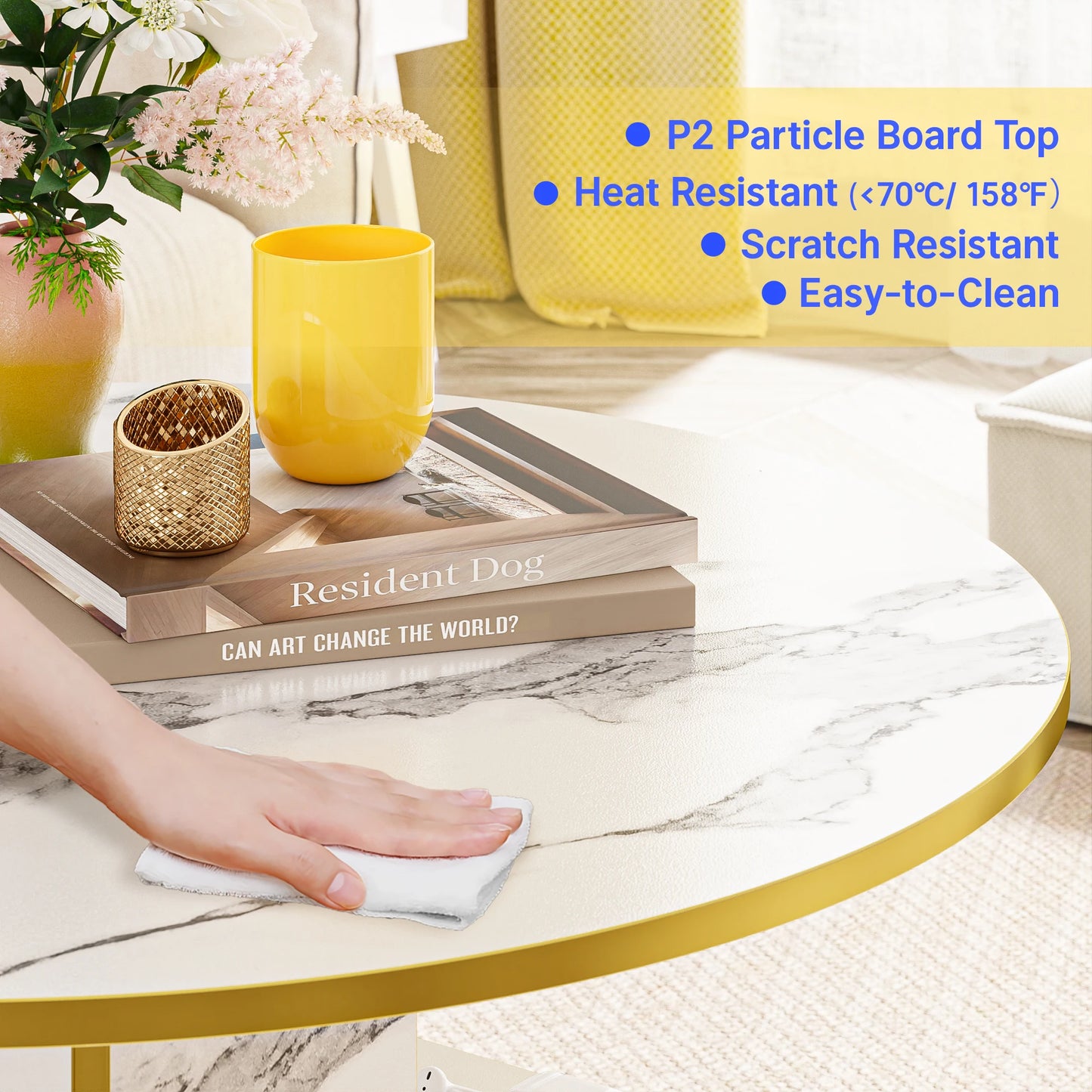 3-Tier Round Coffee Wooden Tabletop-Marble White with Gold Frame