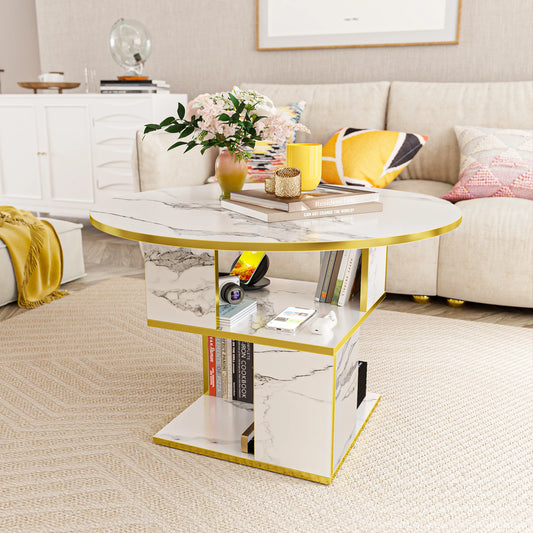 3-Tier Round Coffee Wooden Tabletop-Marble White with Gold Frame