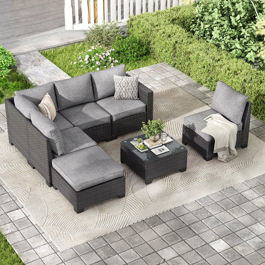 Farini Patio Sectional Sofa Set, Outdoor Furniture, Water/Oil/Stain-Resistant Fabric, Dark Gray Cushion + Gray Wick