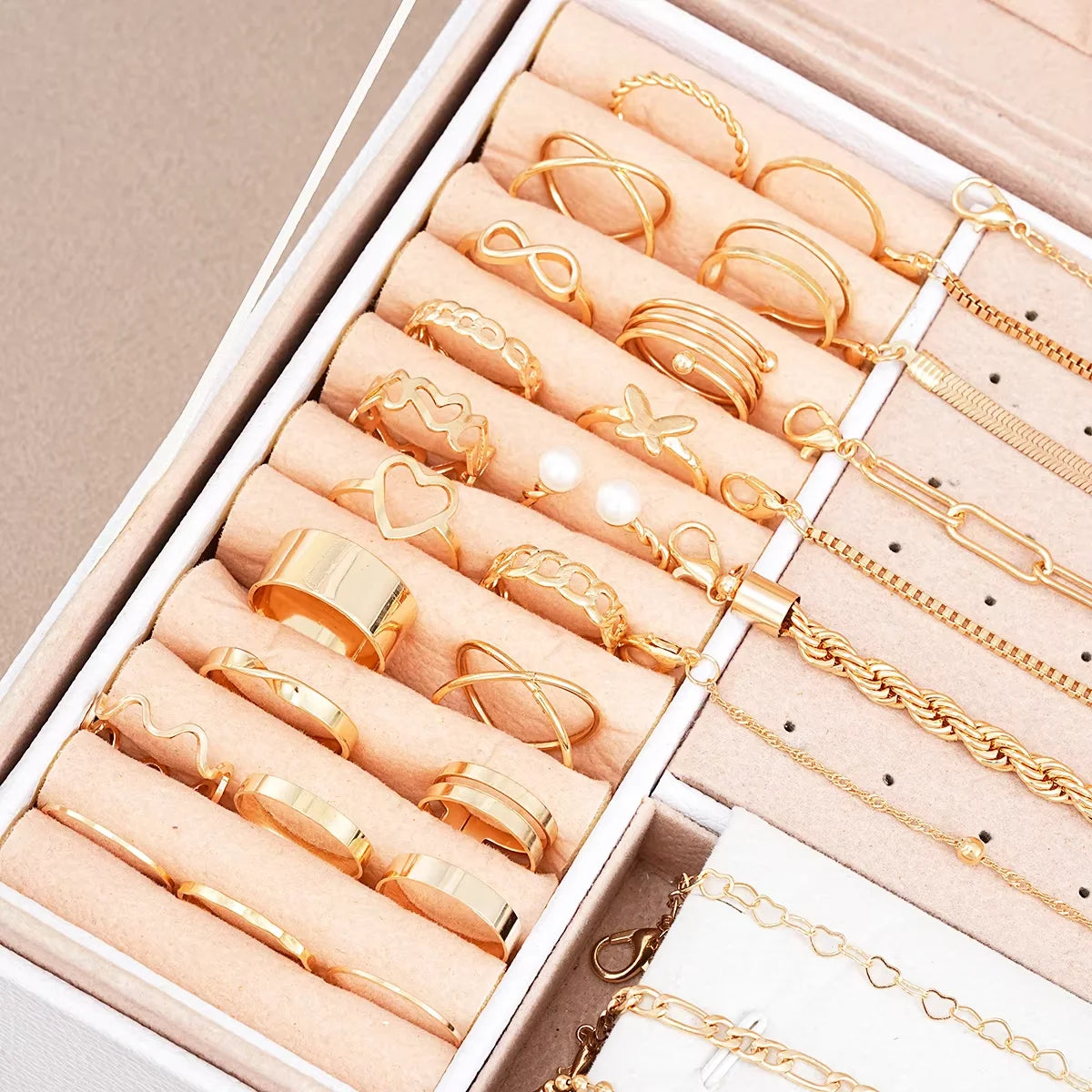 40 Pcs/Set Elegant Pearl Rings Multi-Layered Heart Zircon Necklace Bracelet 3-In-1 Jewelry Set