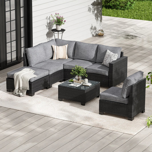 Farini Patio Sectional Sofa Set, Outdoor Furniture, Water/Oil/Stain-Resistant Fabric, Dark Gray Cushion + Gray Wick