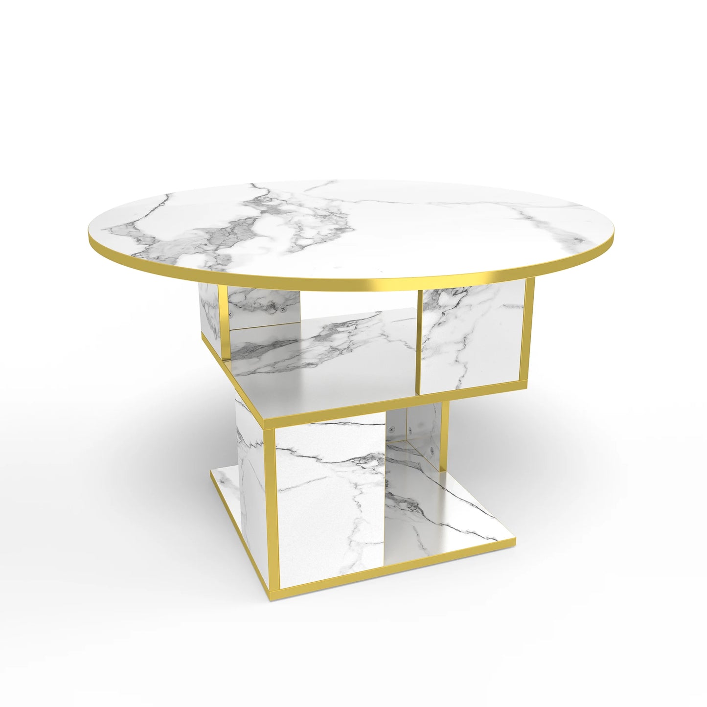 3-Tier Round Coffee Wooden Tabletop-Marble White with Gold Frame