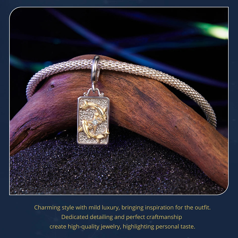 Zodiac Charms Sterling Silver 18K Gold Two-tone Rectangle Pendant