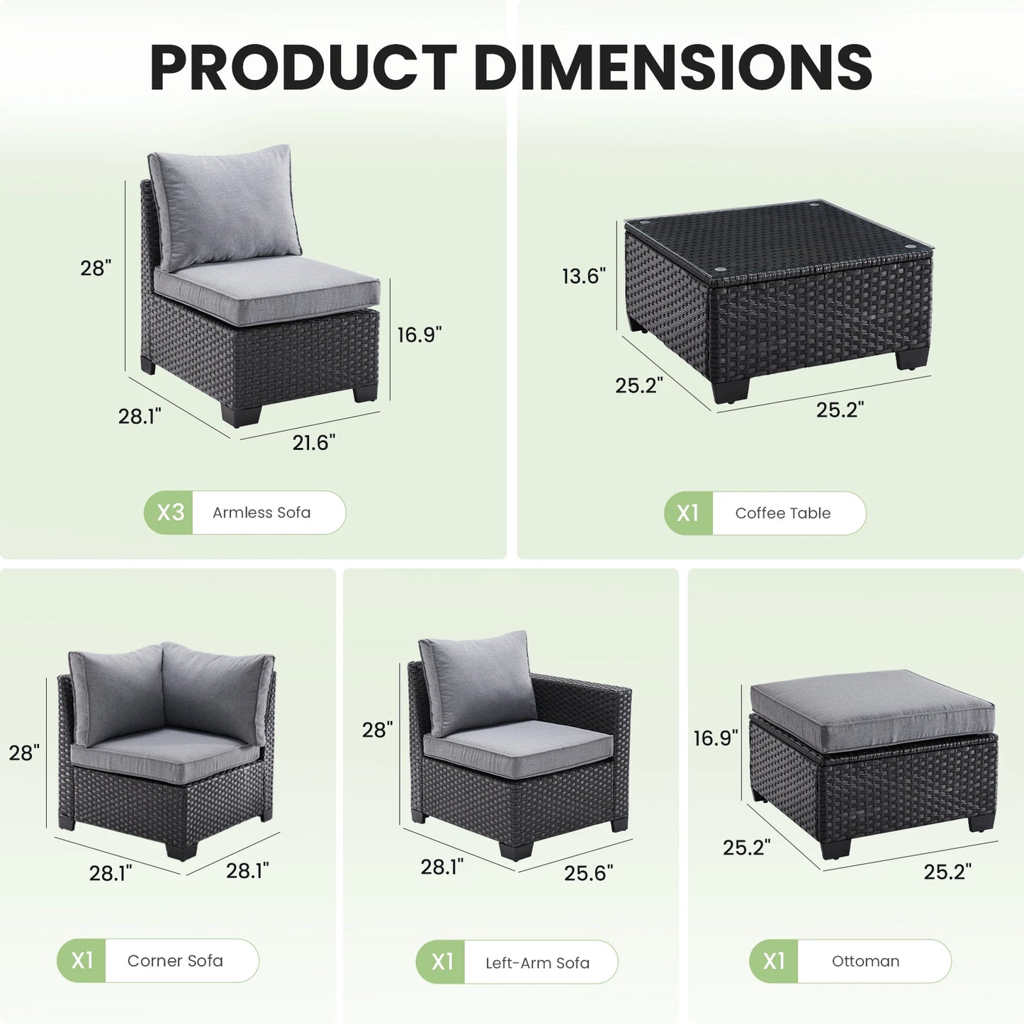 Farini Patio Sectional Sofa Set, Outdoor Furniture, Water/Oil/Stain-Resistant Fabric, Dark Gray Cushion + Gray Wick