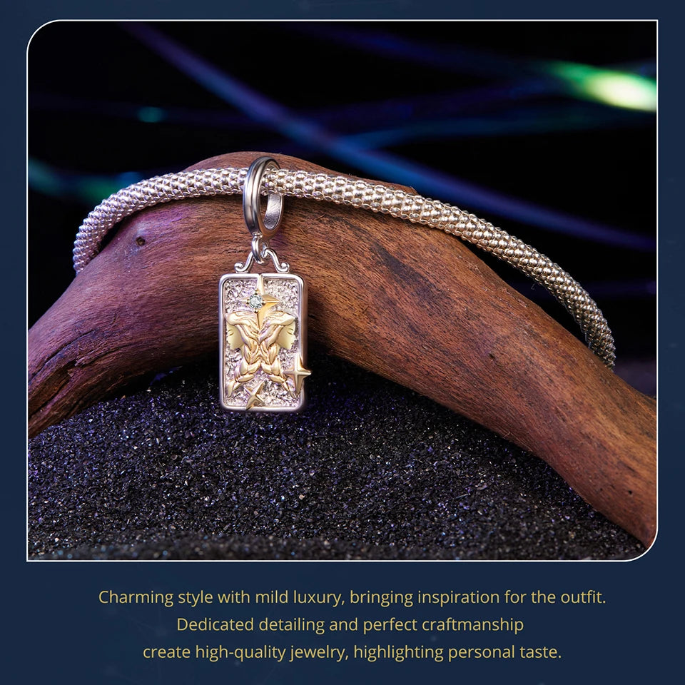 Zodiac Charms Sterling Silver 18K Gold Two-tone Rectangle Pendant