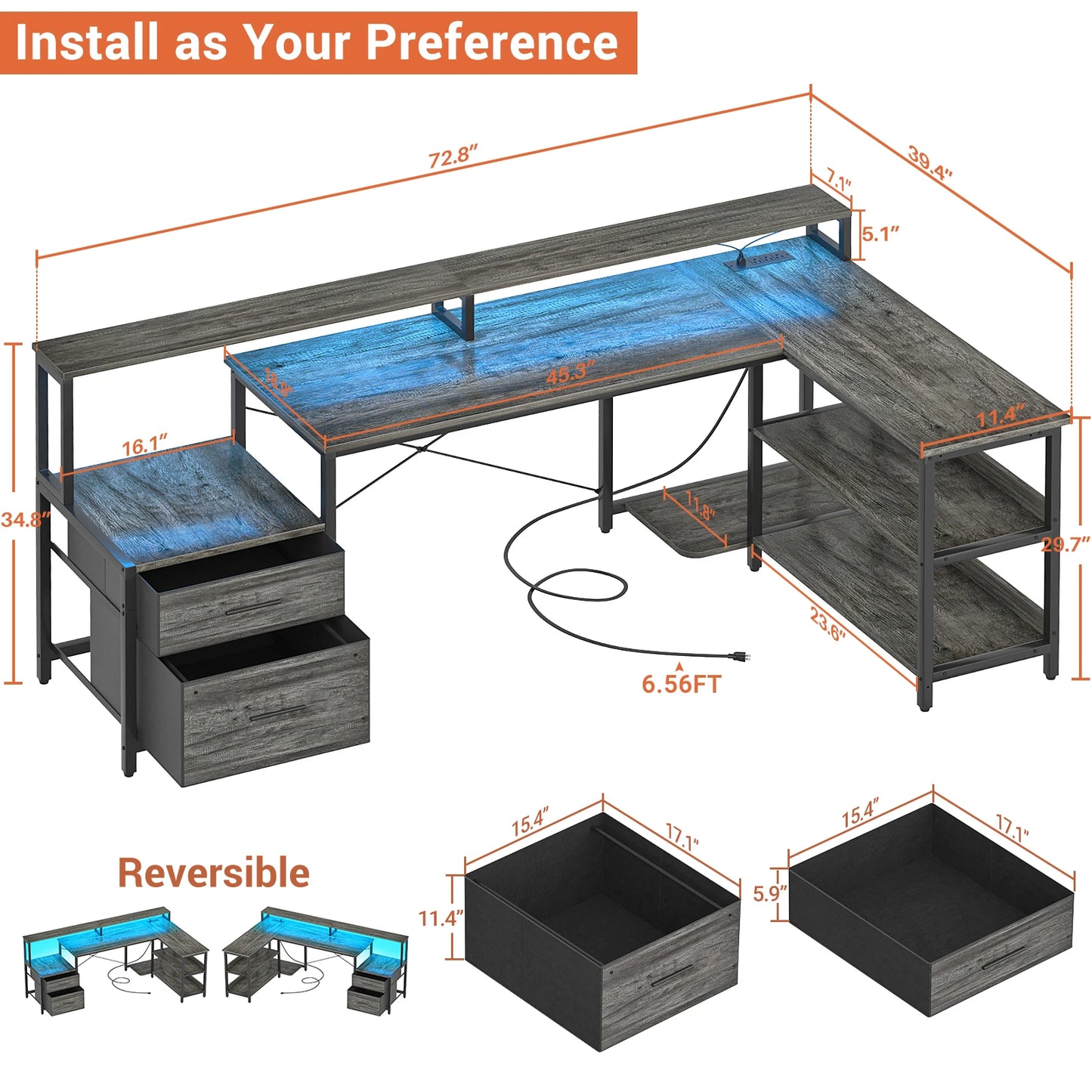 L Shaped Gaming Desk with File Drawer & Power Outlet & LED Strip