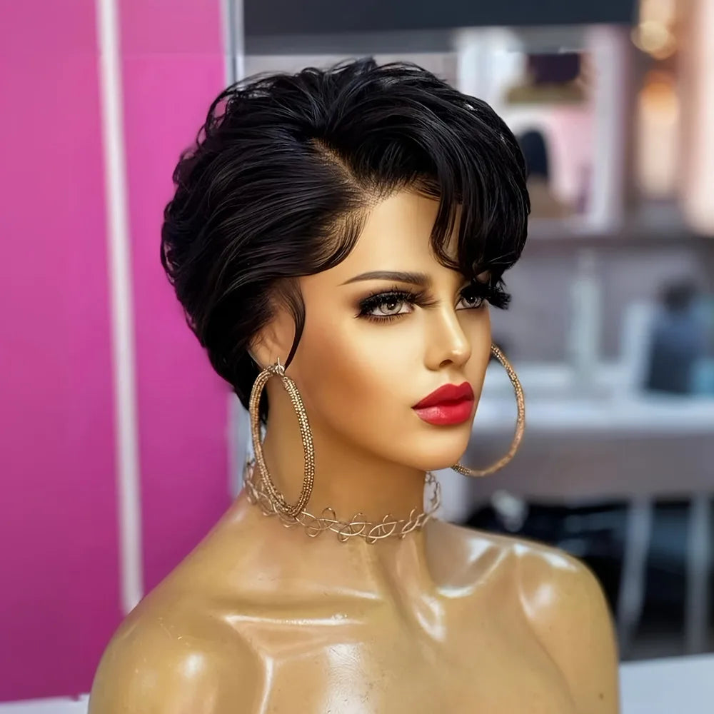 6 inch 150% Density 13x1 T Lace Natural Color Pixie Wigs