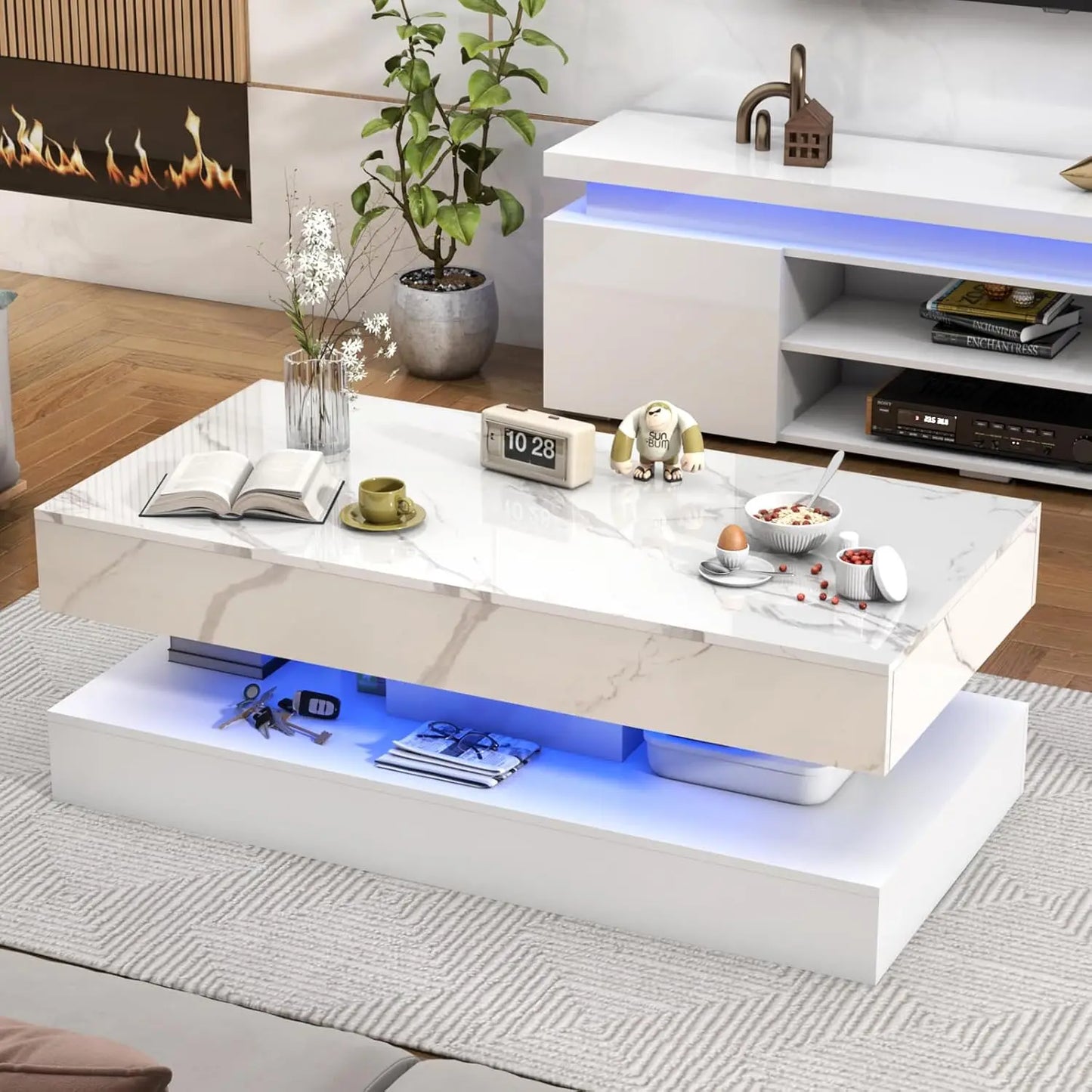 Modern Stylish Coffee Table with LED lights, 2 Storage Drawers