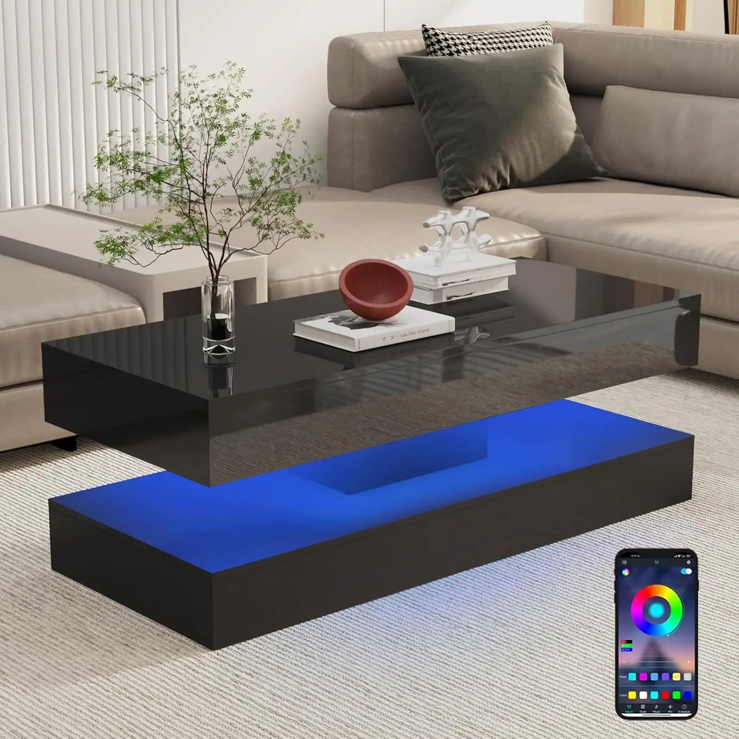 Modern Stylish Coffee Table with LED lights, 2 Storage Drawers