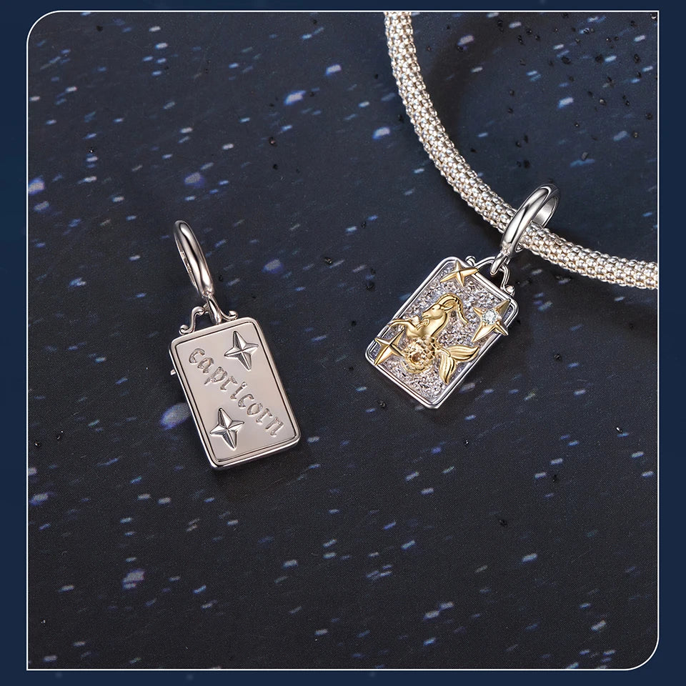 Zodiac Charms Sterling Silver 18K Gold Two-tone Rectangle Pendant