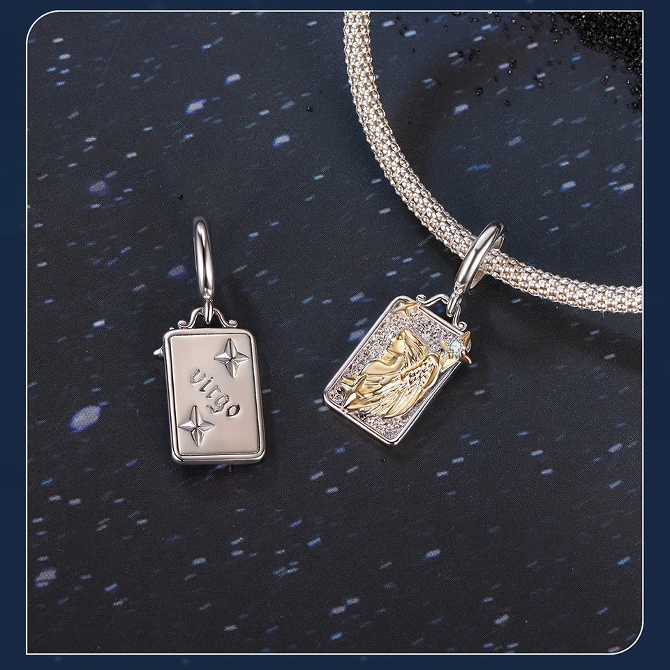 Zodiac Charms Sterling Silver 18K Gold Two-tone Rectangle Pendant