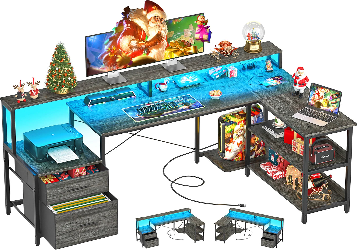 L Shaped Gaming Desk with File Drawer & Power Outlet & LED Strip