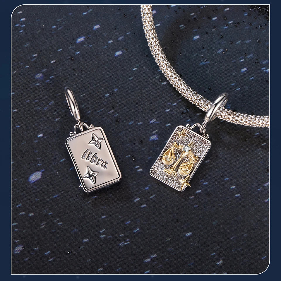 Zodiac Charms Sterling Silver 18K Gold Two-tone Rectangle Pendant