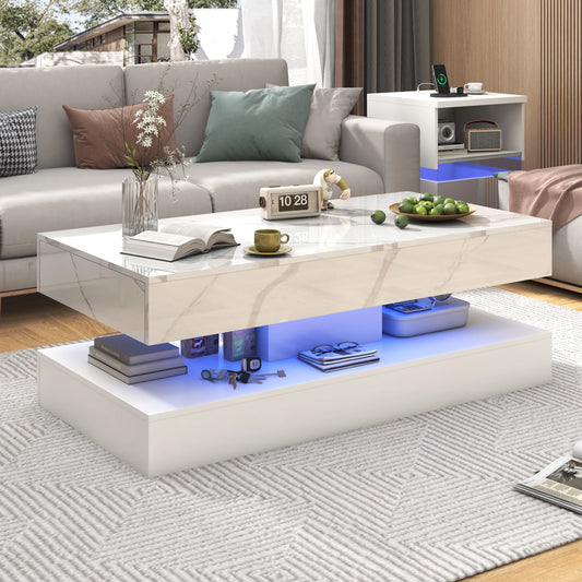 Modern Stylish Coffee Table with LED lights, 2 Storage Drawers