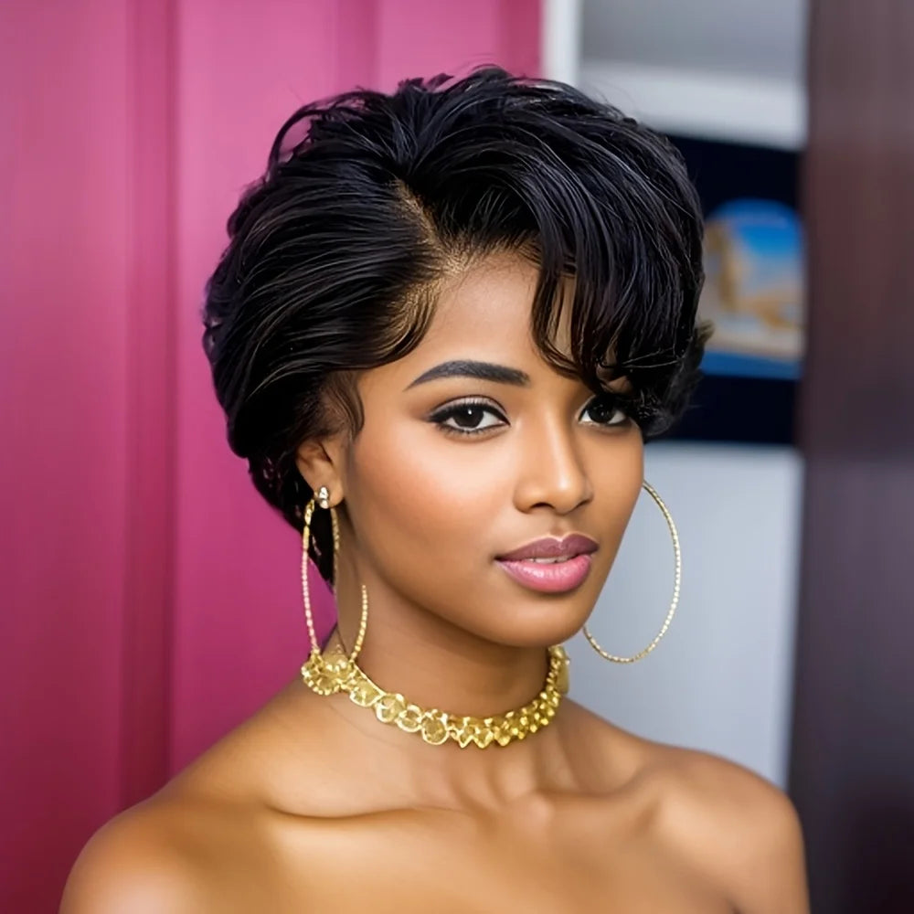 6 inch 150% Density 13x1 T Lace Natural Color Pixie Wigs