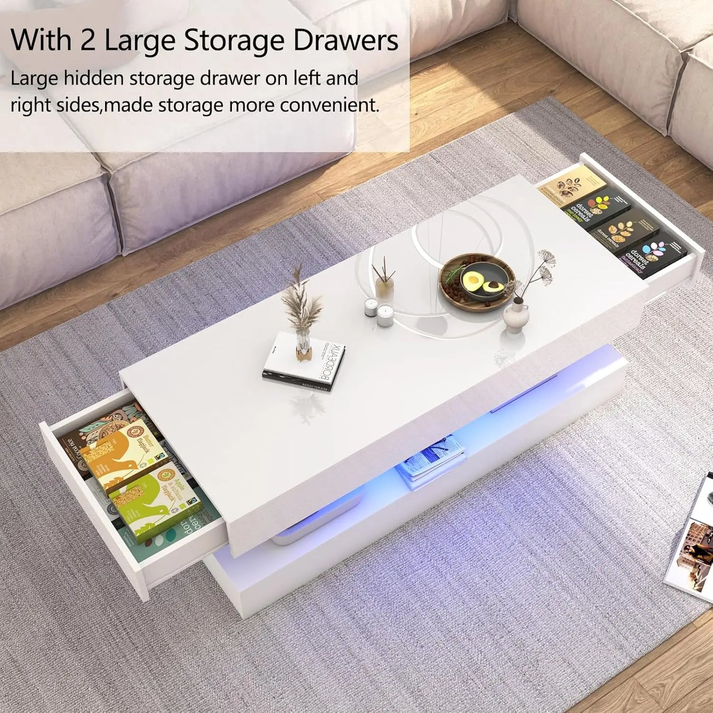 Modern Stylish Coffee Table with LED lights, 2 Storage Drawers