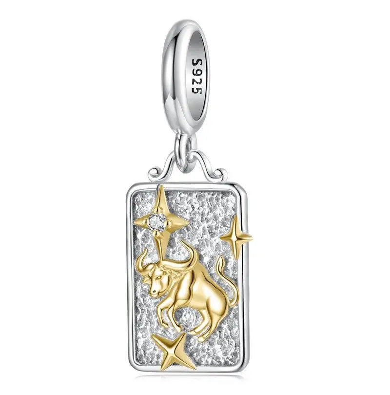 Zodiac Charms Sterling Silver 18K Gold Two-tone Rectangle Pendant