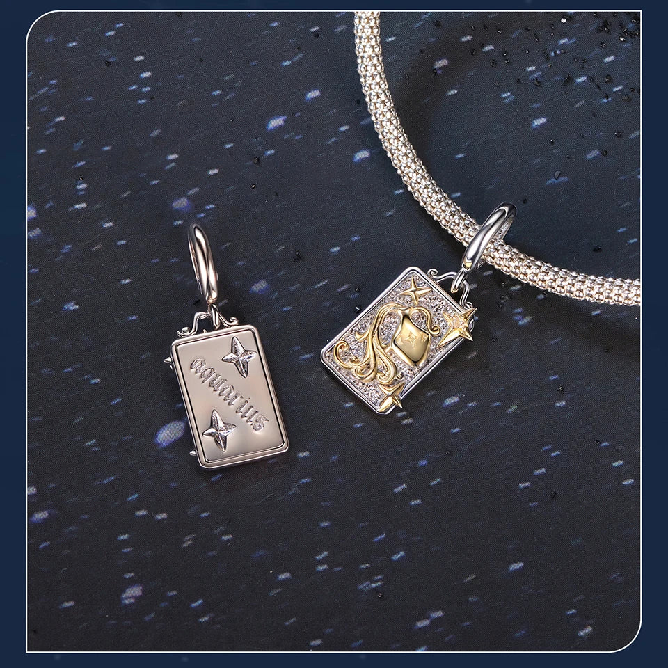 Zodiac Charms Sterling Silver 18K Gold Two-tone Rectangle Pendant