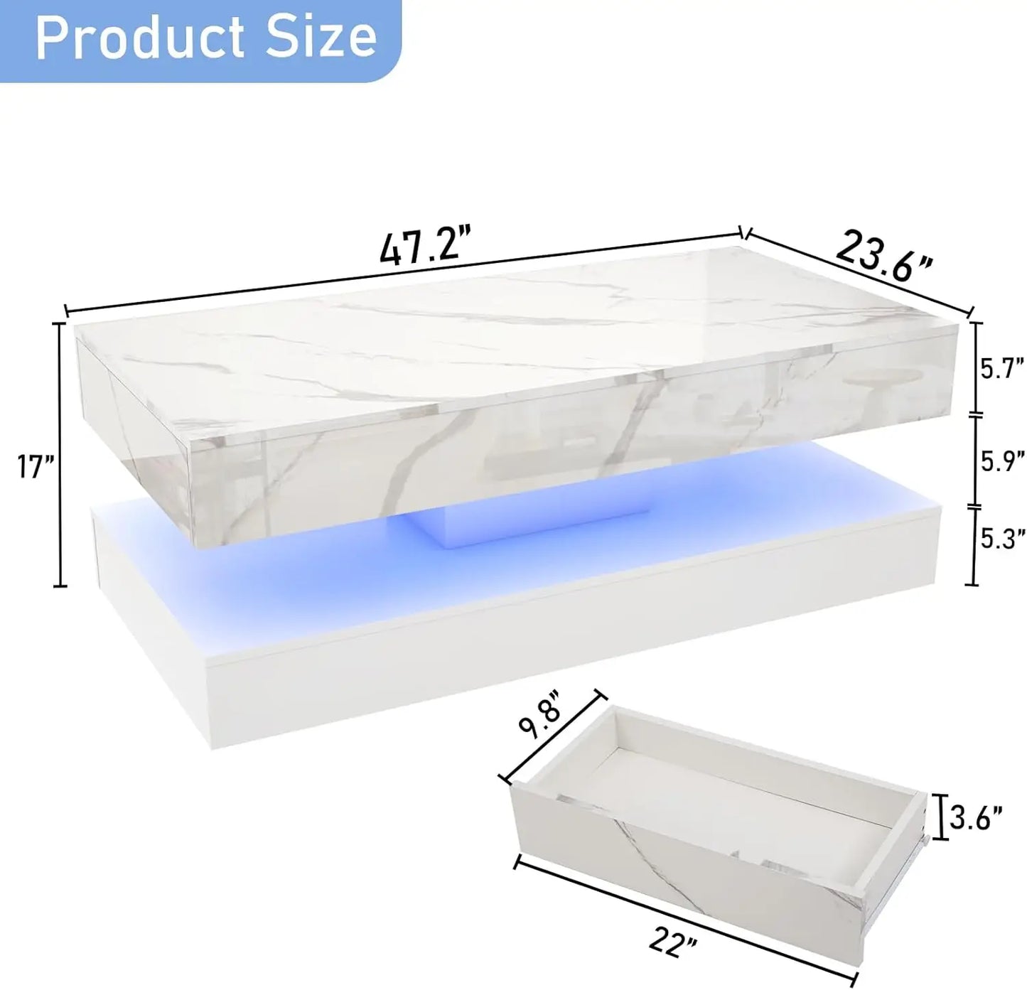 Modern Stylish Coffee Table with LED lights, 2 Storage Drawers