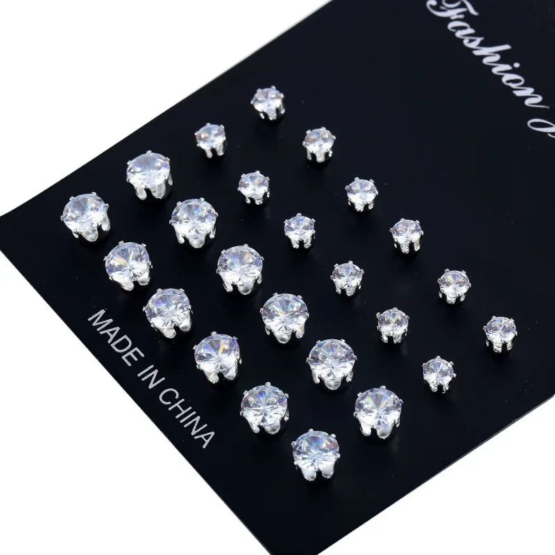 12 Pair/Lot White Shiny Stud Earrings Set