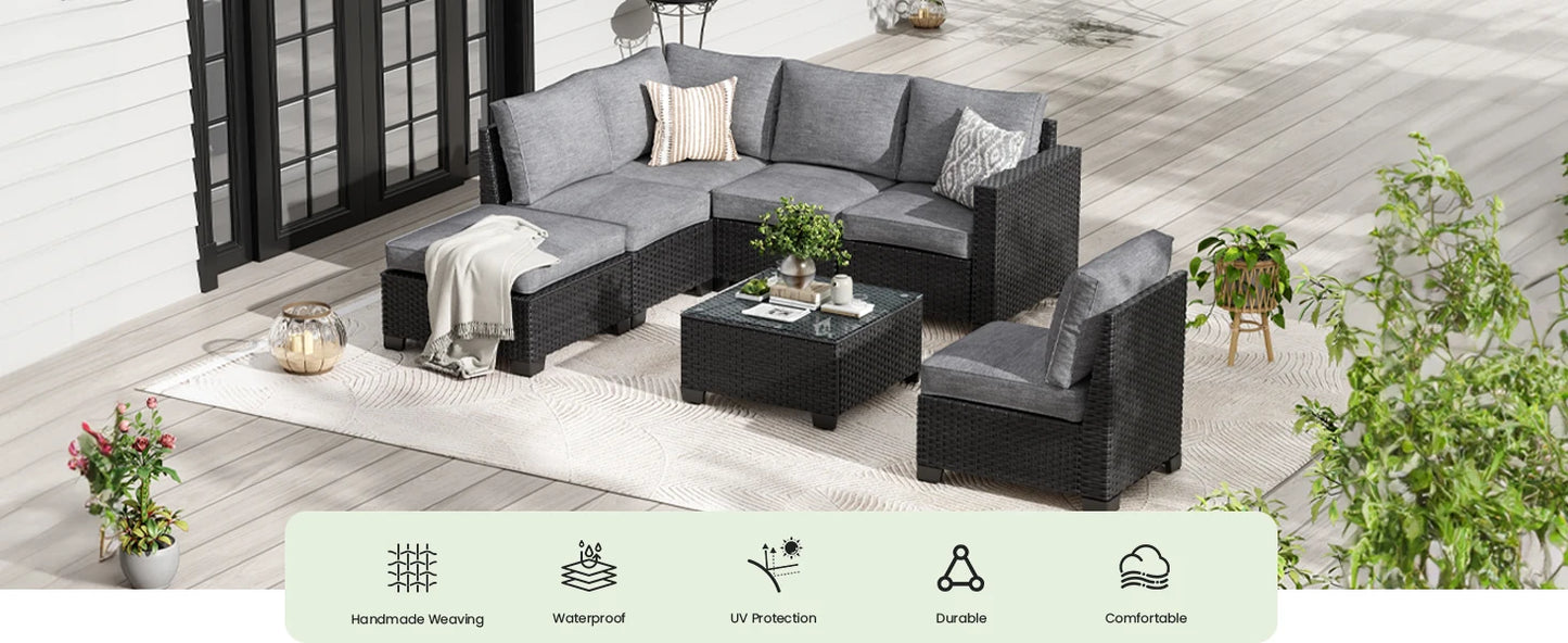 Farini Patio Sectional Sofa Set, Outdoor Furniture, Water/Oil/Stain-Resistant Fabric, Dark Gray Cushion + Gray Wick