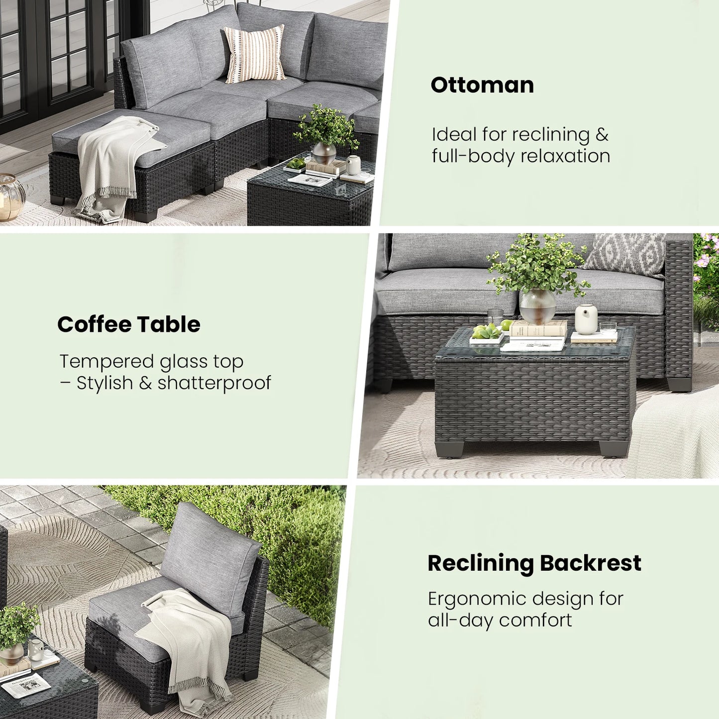 Farini Patio Sectional Sofa Set, Outdoor Furniture, Water/Oil/Stain-Resistant Fabric, Dark Gray Cushion + Gray Wick