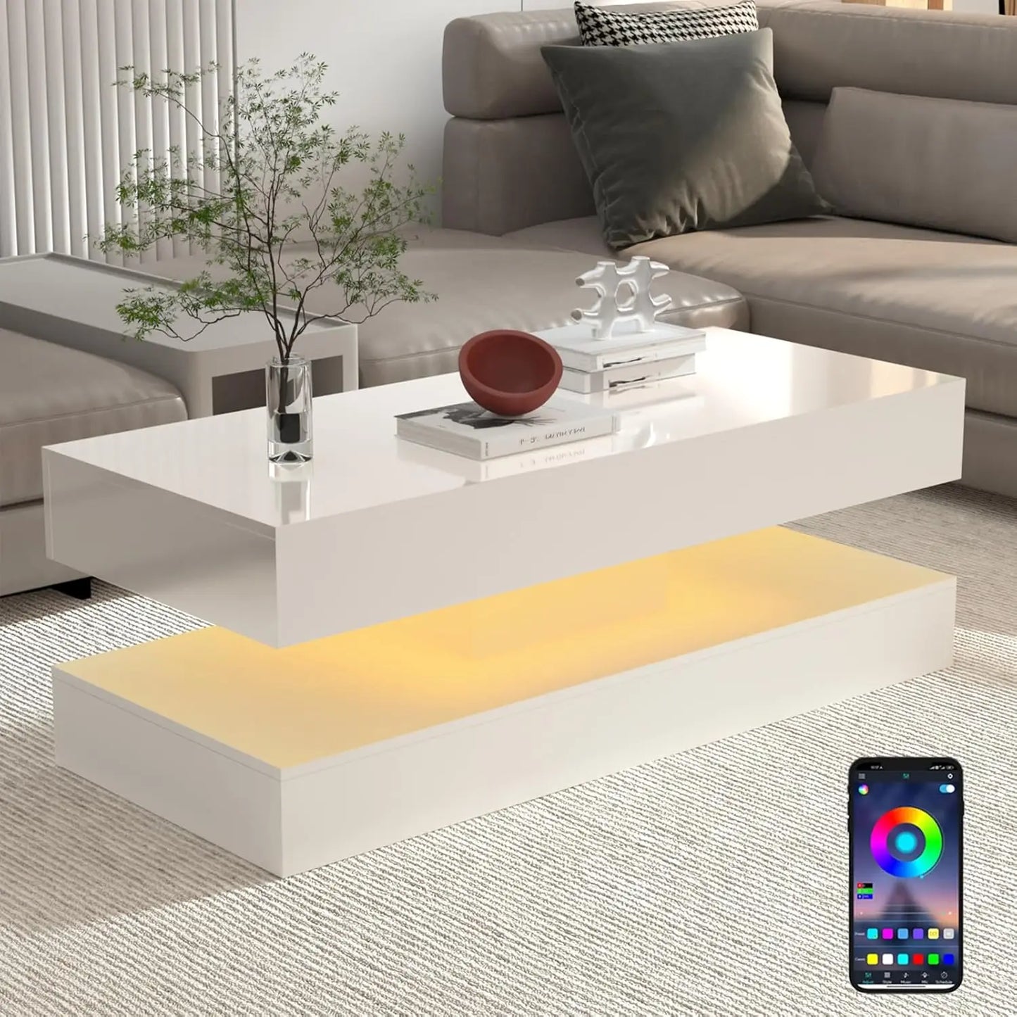 Modern Stylish Coffee Table with LED lights, 2 Storage Drawers