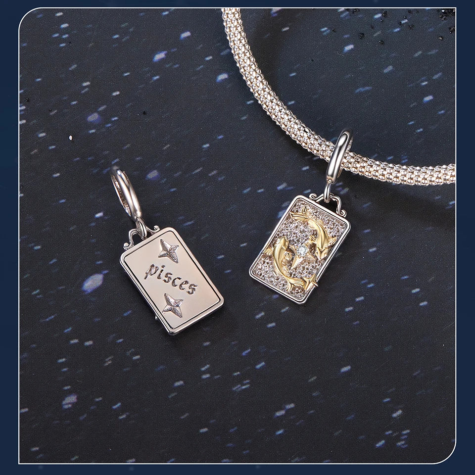 Zodiac Charms Sterling Silver 18K Gold Two-tone Rectangle Pendant