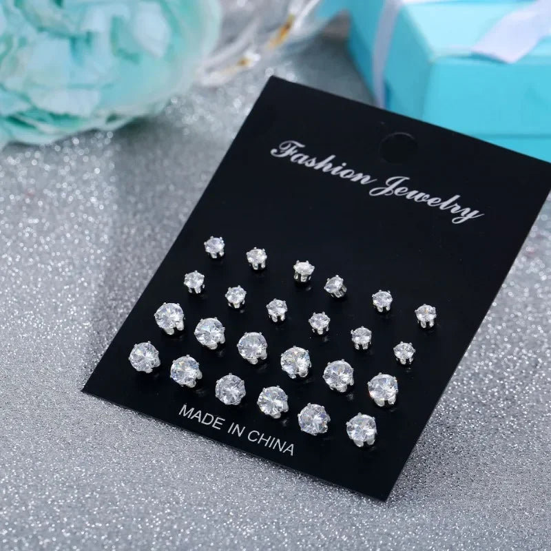 12 Pair/Lot White Shiny Stud Earrings Set