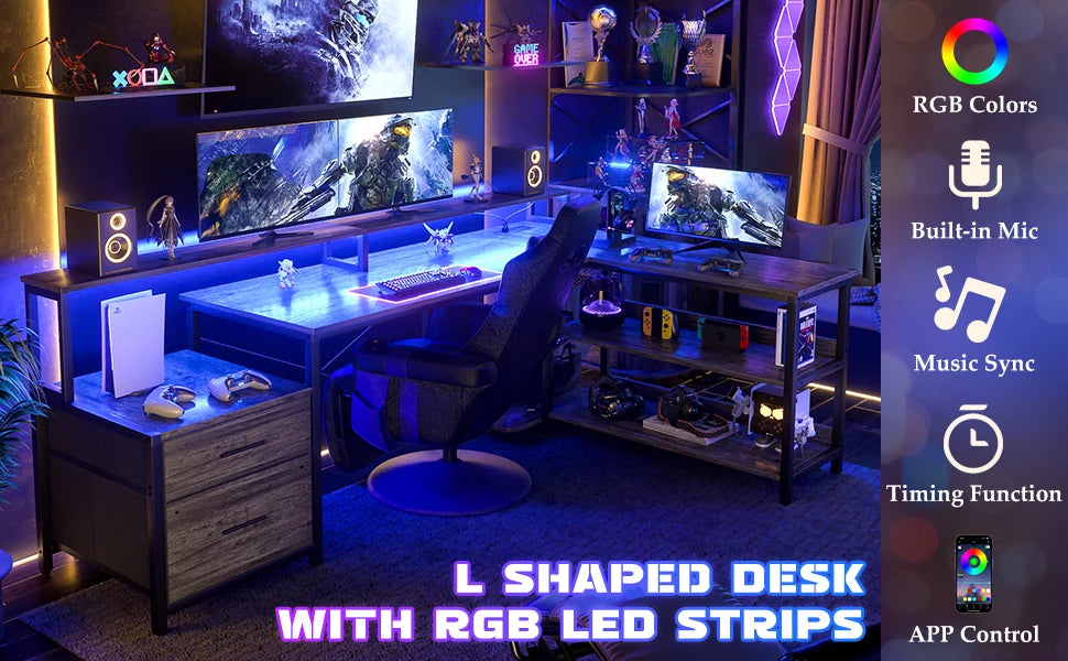 L Shaped Gaming Desk with File Drawer & Power Outlet & LED Strip