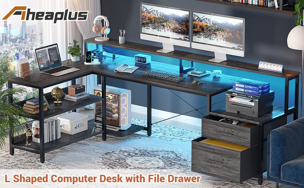 L Shaped Gaming Desk with File Drawer & Power Outlet & LED Strip