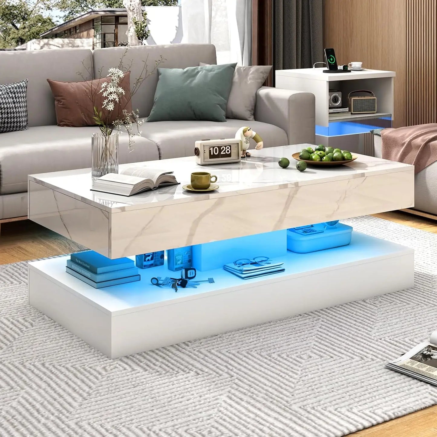 Modern Stylish Coffee Table with LED lights, 2 Storage Drawers