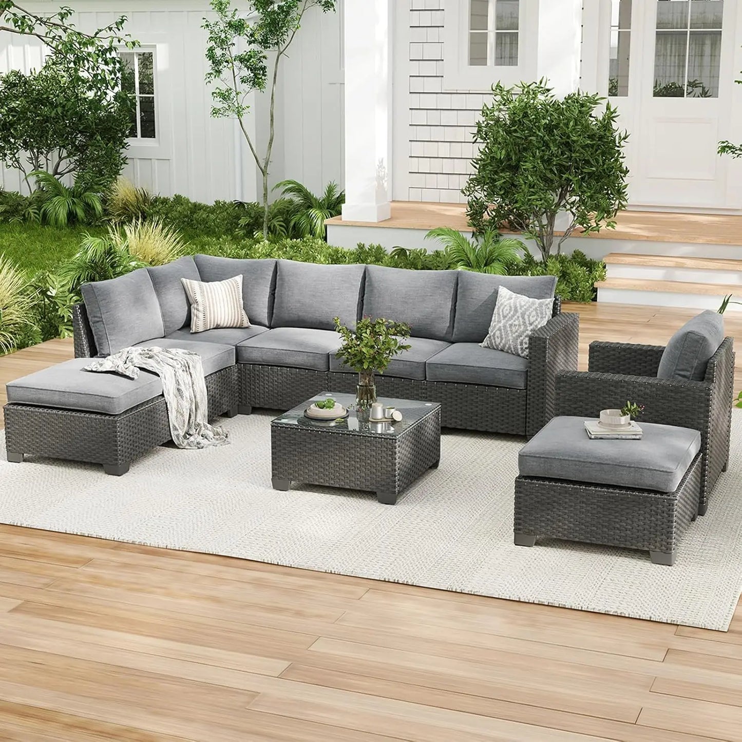Farini Patio Sectional Sofa Set, Outdoor Furniture, Water/Oil/Stain-Resistant Fabric, Dark Gray Cushion + Gray Wick