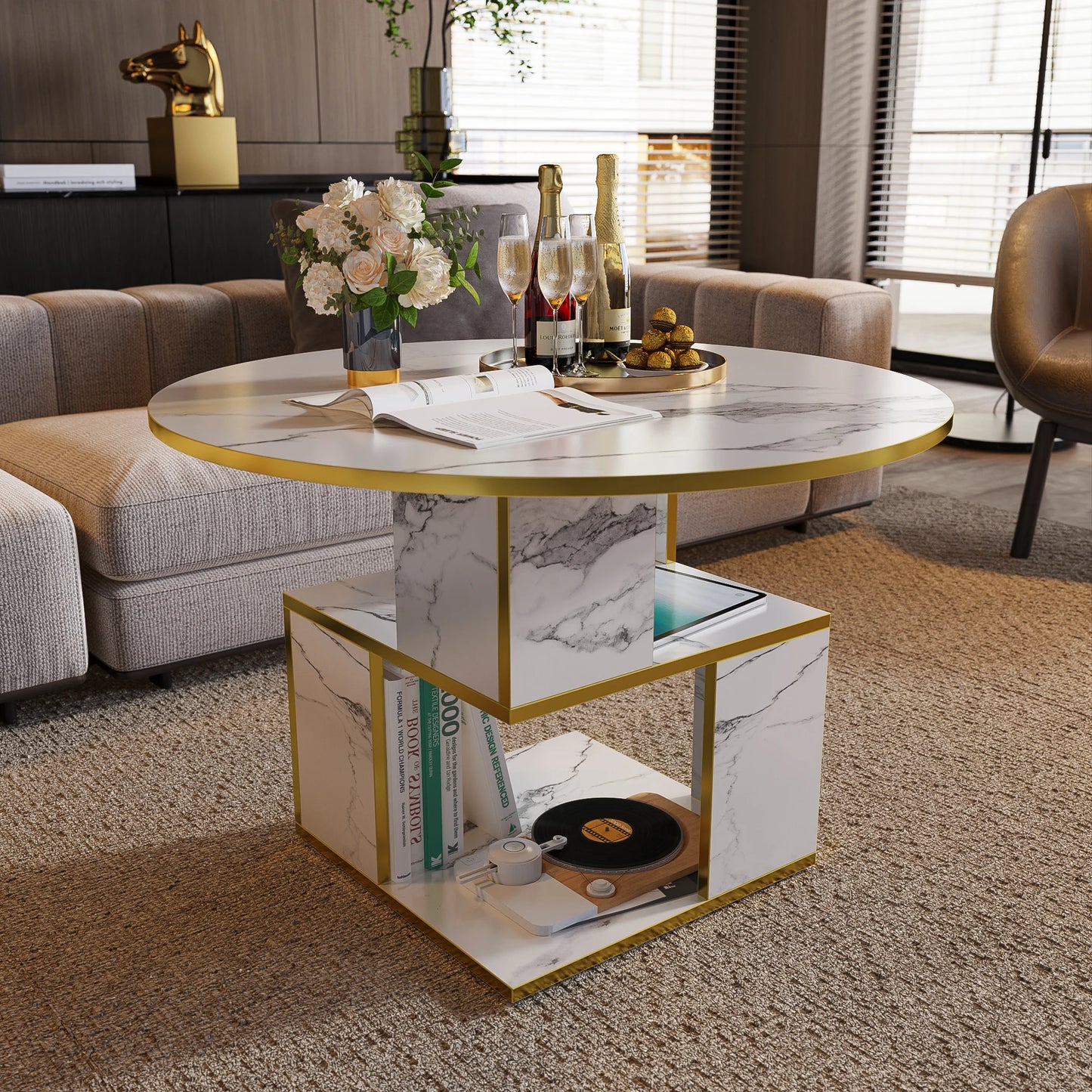 3-Tier Round Coffee Wooden Tabletop-Marble White with Gold Frame