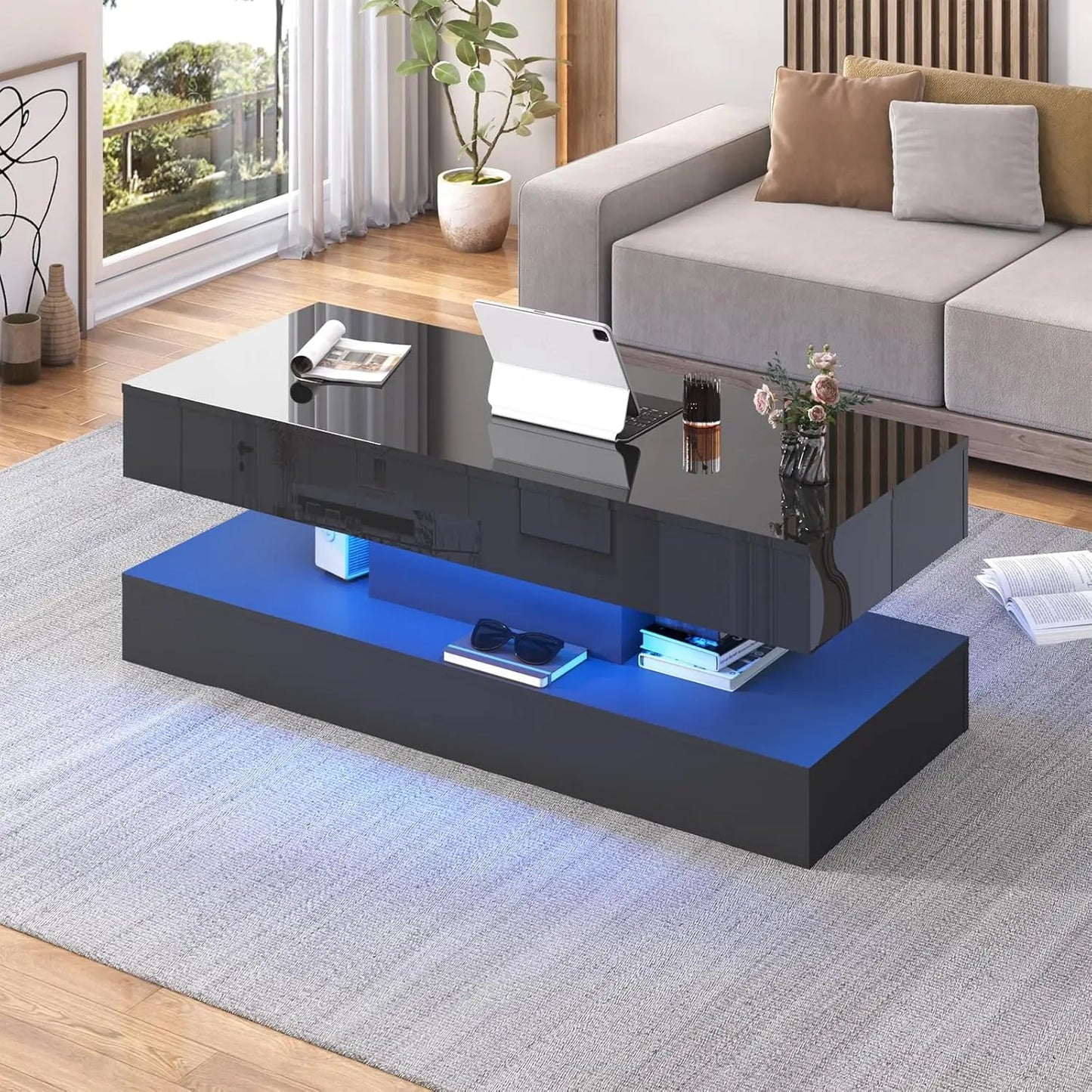 Modern Stylish Coffee Table with LED lights, 2 Storage Drawers