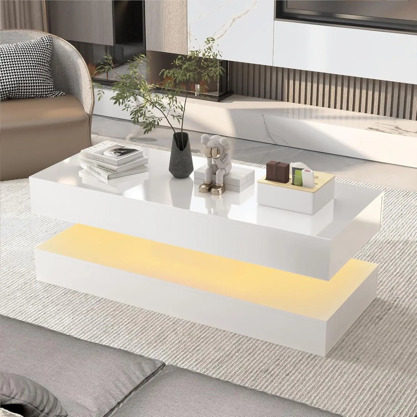 Modern Stylish Coffee Table with LED lights, 2 Storage Drawers