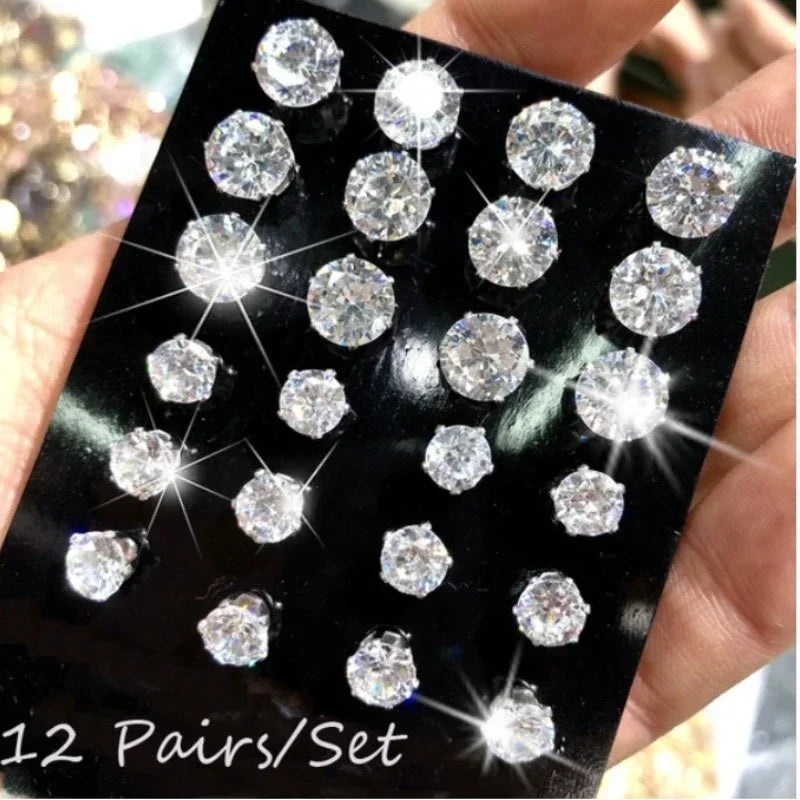 12 Pair/Lot White Shiny Stud Earrings Set