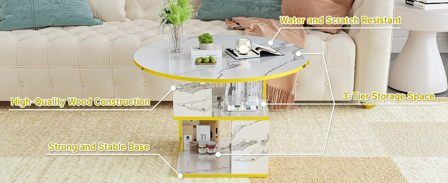 3-Tier Round Coffee Wooden Tabletop-Marble White with Gold Frame