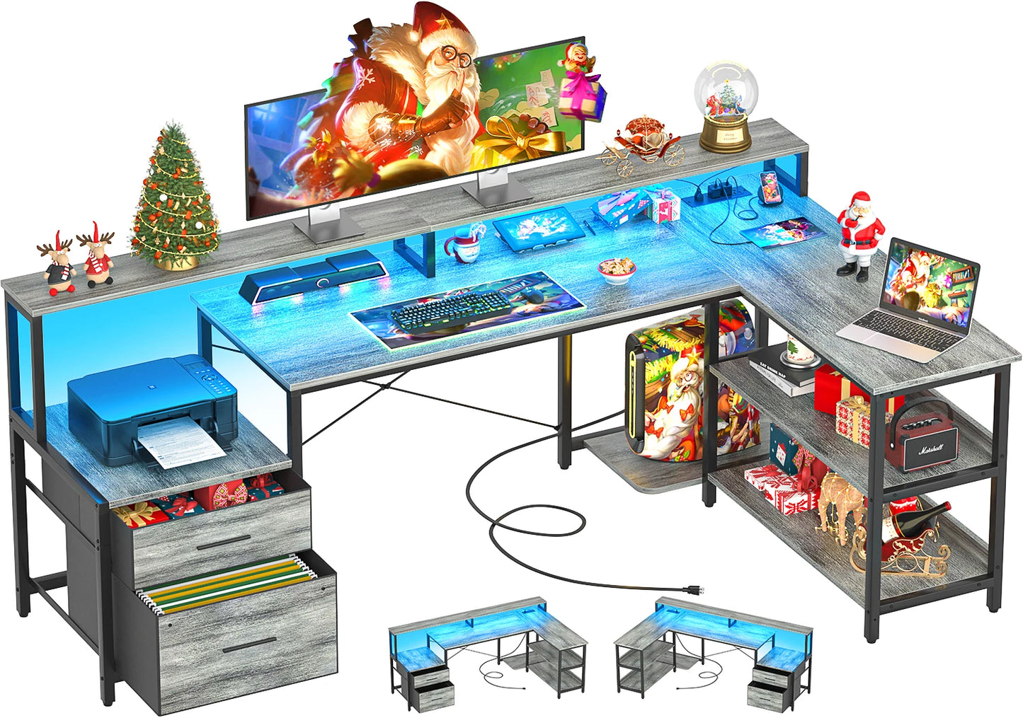 L Shaped Gaming Desk with File Drawer & Power Outlet & LED Strip
