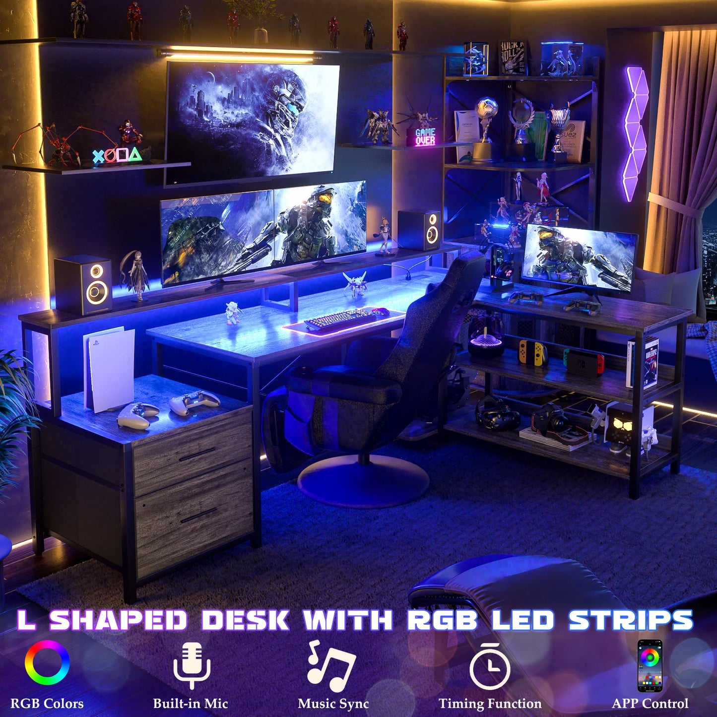L Shaped Gaming Desk with File Drawer & Power Outlet & LED Strip