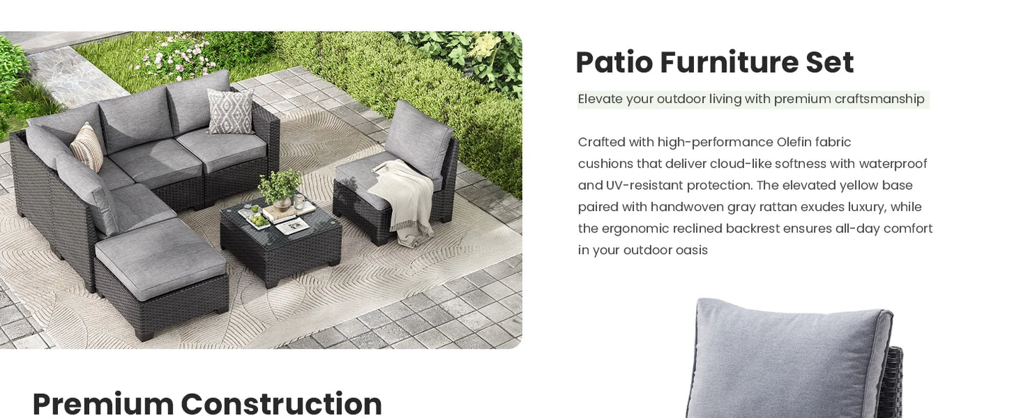 Farini Patio Sectional Sofa Set, Outdoor Furniture, Water/Oil/Stain-Resistant Fabric, Dark Gray Cushion + Gray Wick