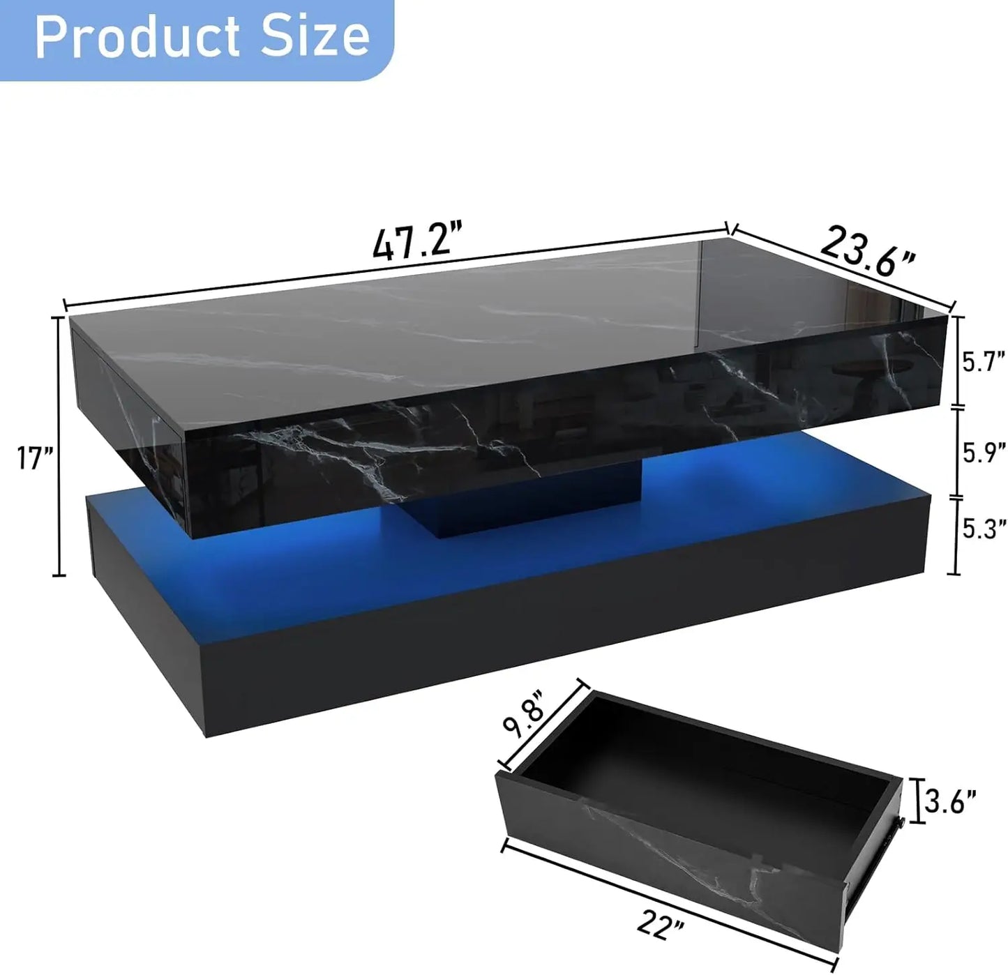Modern Stylish Coffee Table with LED lights, 2 Storage Drawers