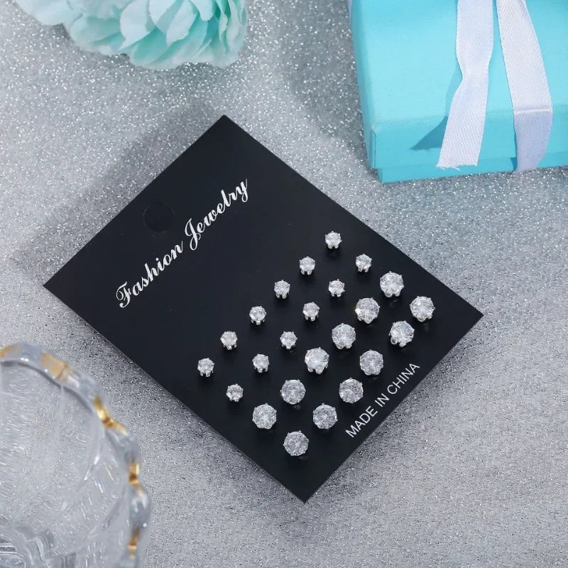 12 Pair/Lot White Shiny Stud Earrings Set