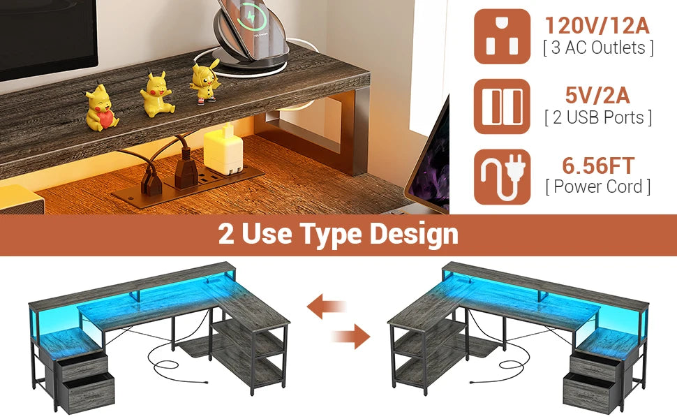 L Shaped Gaming Desk with File Drawer & Power Outlet & LED Strip