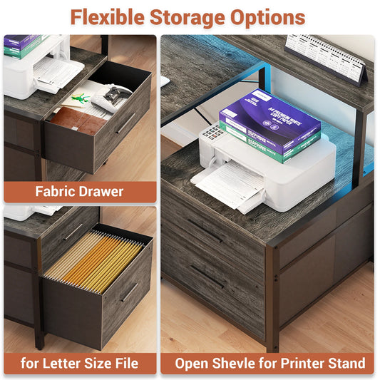 L Shaped Gaming Desk with File Drawer & Power Outlet & LED Strip