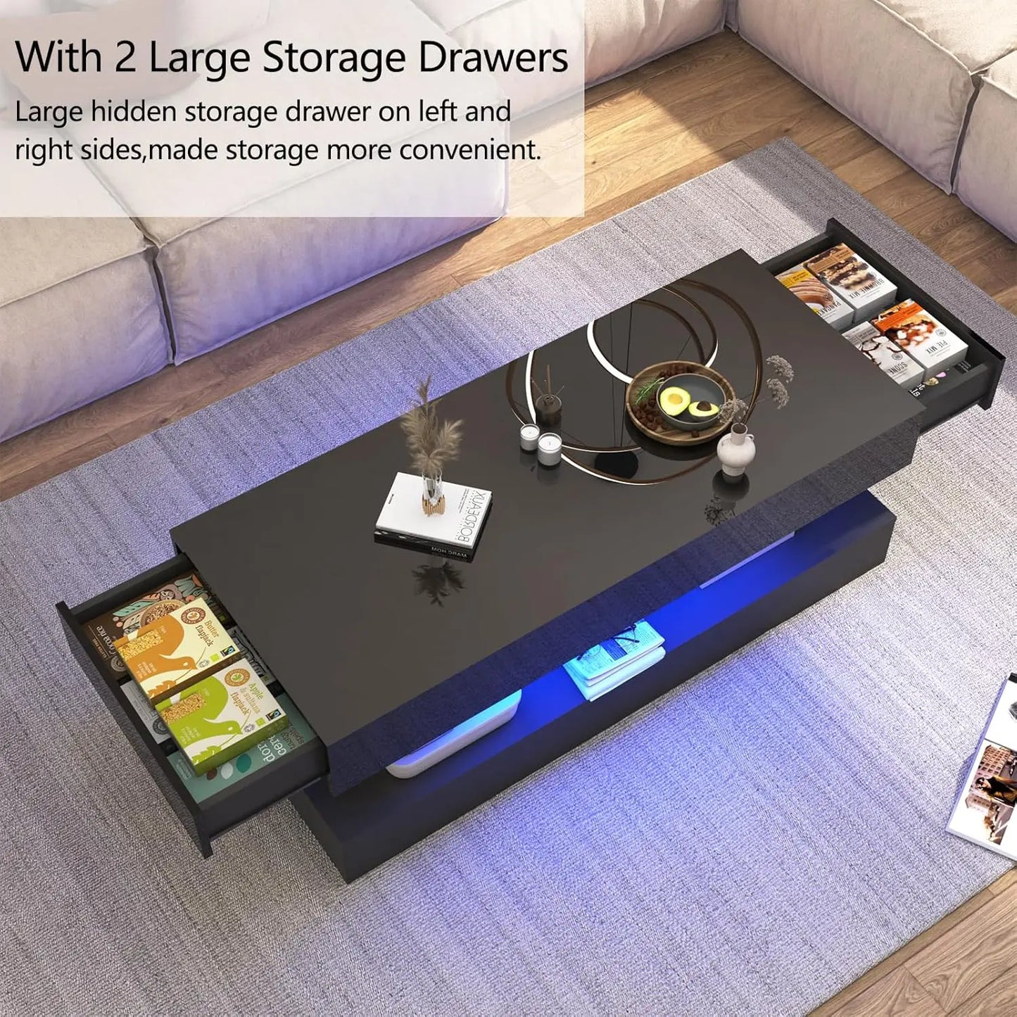 Modern Stylish Coffee Table with LED lights, 2 Storage Drawers